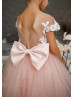 Peach Pearl Beaded 3D Flowers Tulle Flower Girl Dress With Train